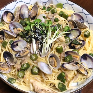 あさりと舞茸とおくらのパスタ